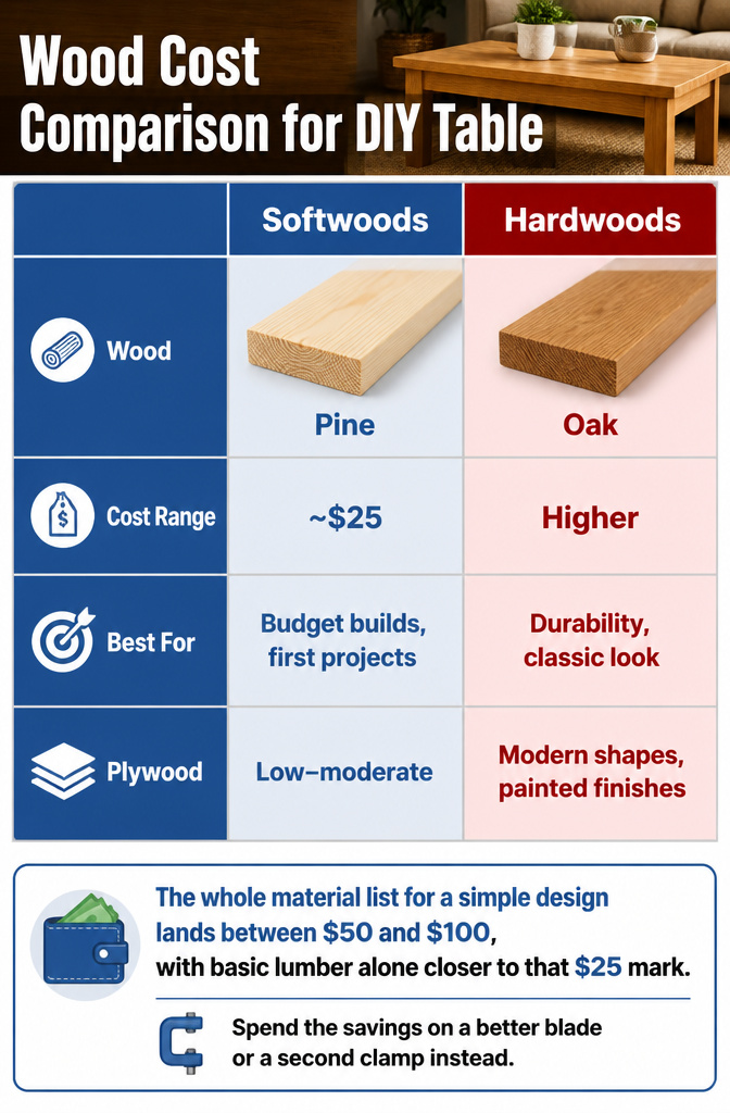Comparison of wood types and prices for DIY projects.
