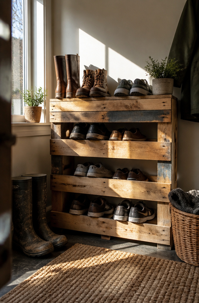 DIY Shoe Rack: 10 Plans for Wall, Tower, Bench and Closet Builds 9 A shoe rack made from reclaimed pallet wood in a mudroom.