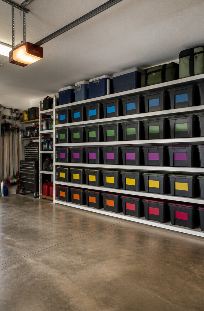 Bins with colorful tape labels categorizing their contents.