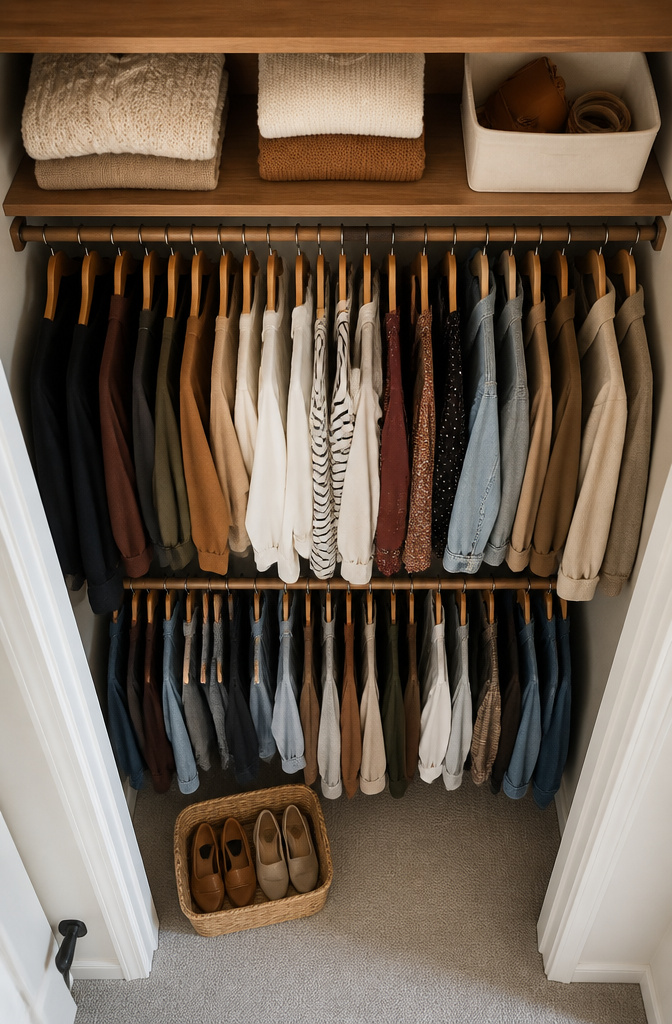 A well-organized closet with two hanging rods for clothing.