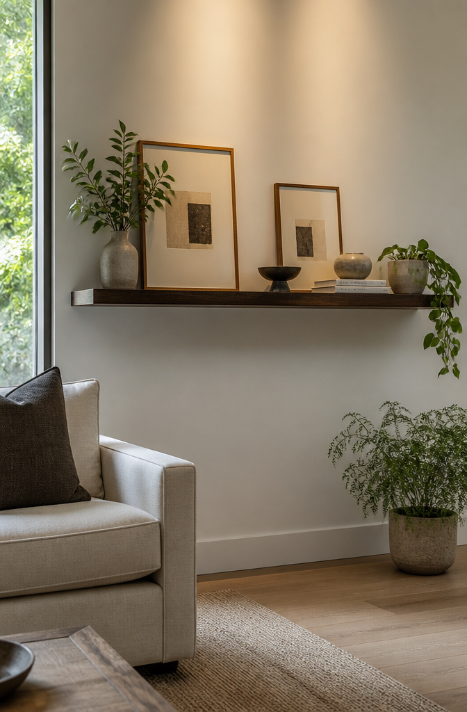 DIY Floating Shelves: A Complete Guide to 5 Styles for Every Room 9 Minimalist shelf with hidden brackets showcasing decorative art.