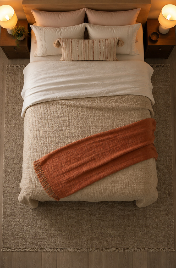 20 Basement Bedroom Ideas for 2026: Cozy, Warm, Practical 9 Basement bedroom with layered bedding including a duvet and throw blankets.