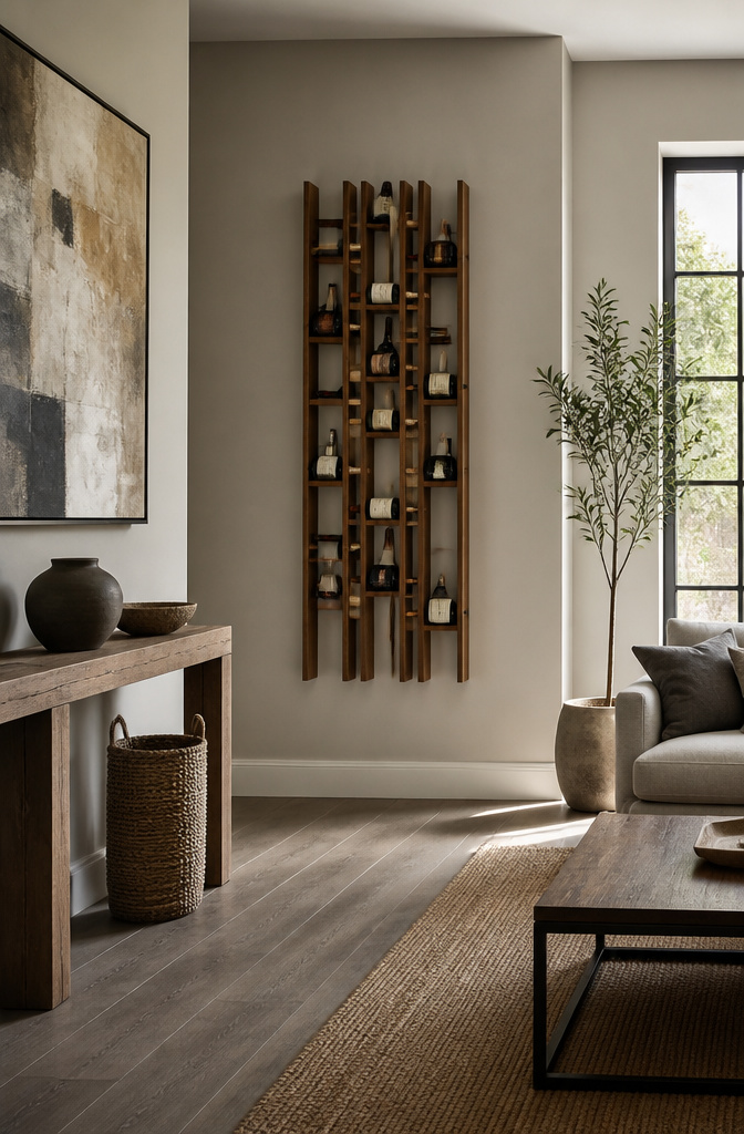 Wall-mounted wine rack holding several bottles.