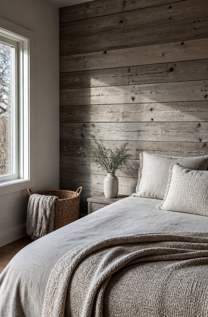 Rustic bedroom with a rough-cut plank pine wall.