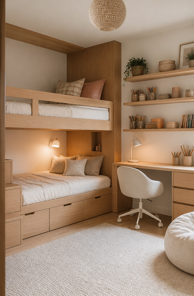 A stylish bunk bed with drawers underneath in a bedroom.