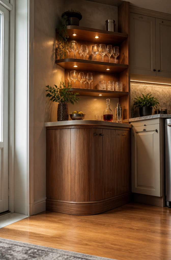 A corner bar with a triangular counter design for efficient use.