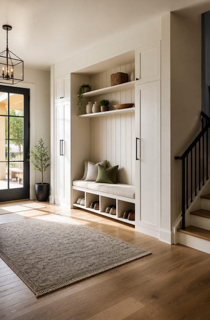 A built-in storage bench with cubbies for shoes in an entryway.