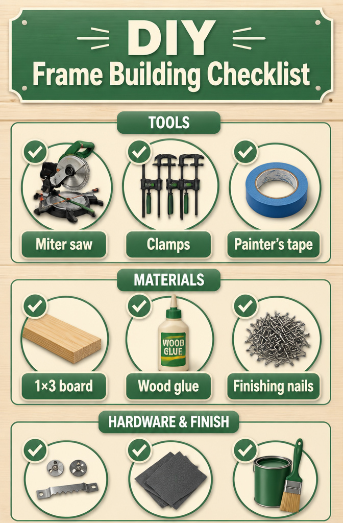 DIY Picture Frame: 3 Ways to Build, Style, and Mount Your Own 9 A checklist of tools and materials for building a picture frame.