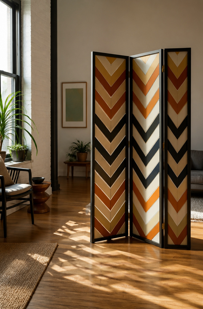 14 DIY Room Divider Ideas: Projects From Wallpaper to Wire 9 Fabric panels in a chevron pattern forming a room divider.