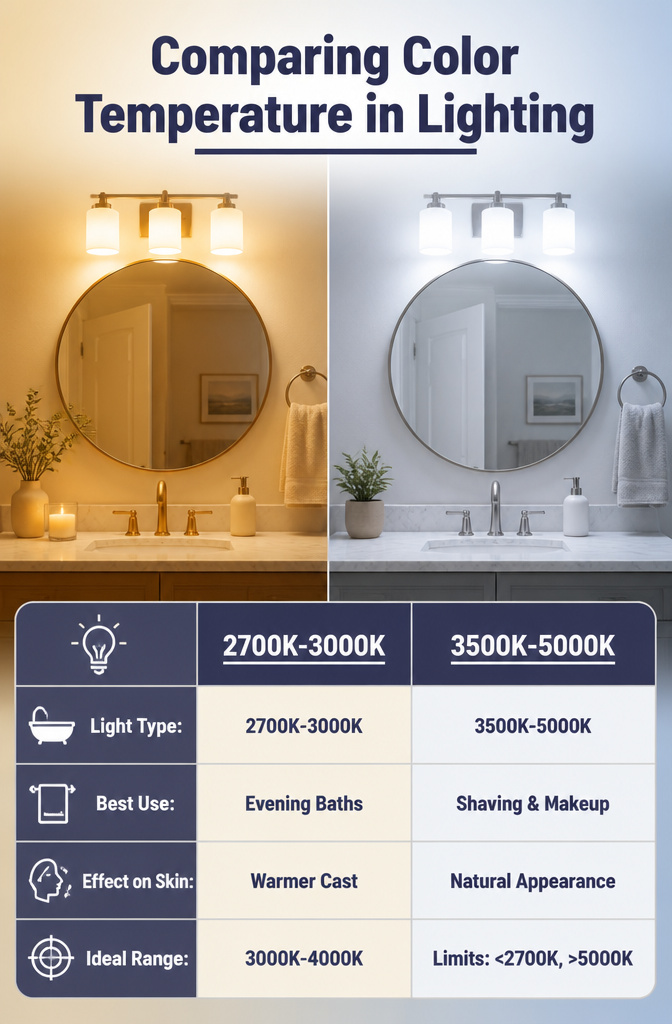 7 Bathroom Lighting Ideas for Every Design Style (2026) 9 An image comparing different color temperatures in bathroom lighting.