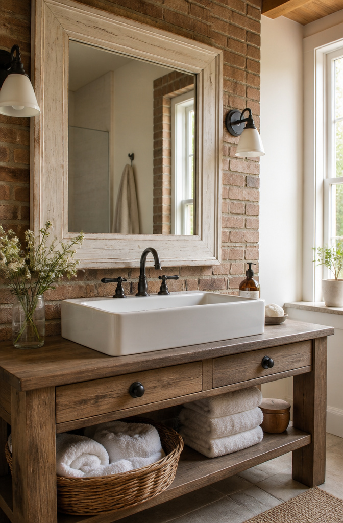 15 Bathroom Mirror Ideas for 2026 – Types, Styles & Trends 9 Farmhouse-style mirror with a wooden frame above a sink.