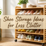 An entryway with multiple shoe storage ideas and decorative elements.