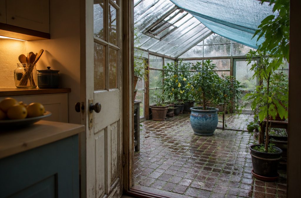 Attached greenhouse joined to a house with glazed walls and a sloping roof