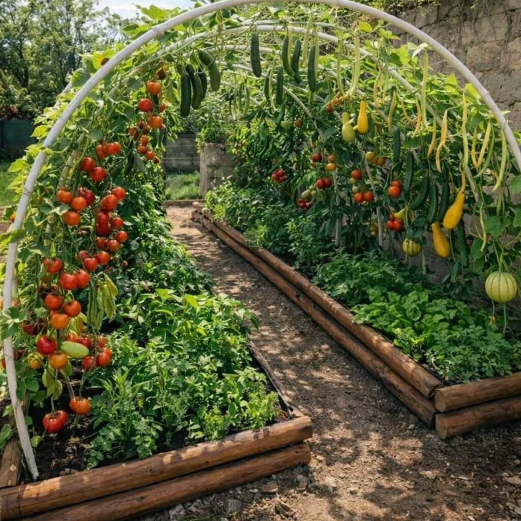 Wooden raised garden beds with red tomatoes and yellow squash under a white arch.