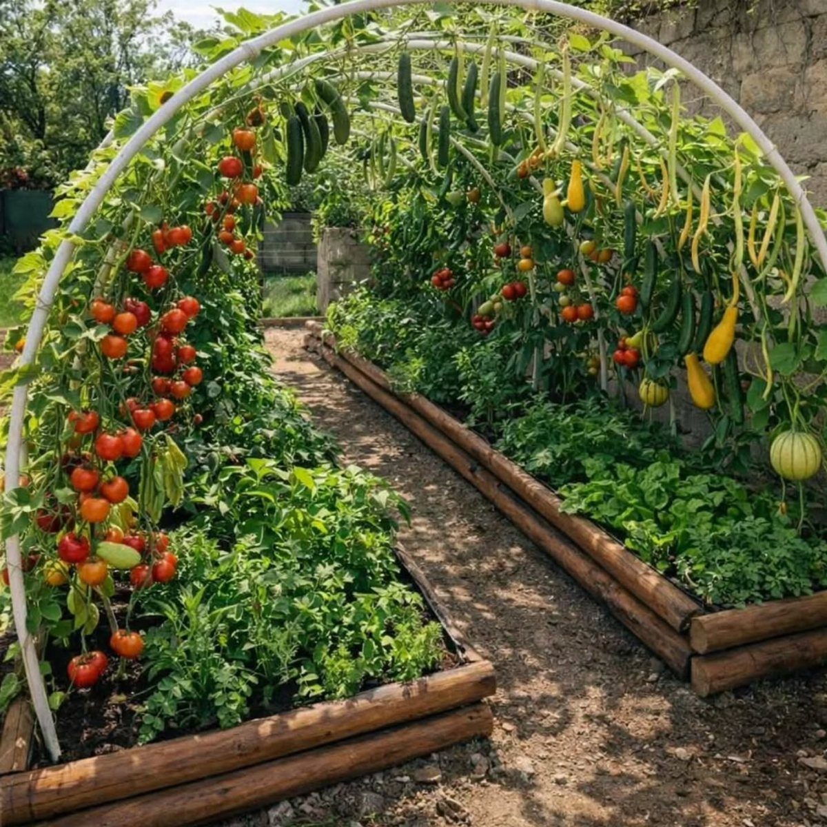 Wooden raised garden beds with red tomatoes and yellow squash under a white arch.