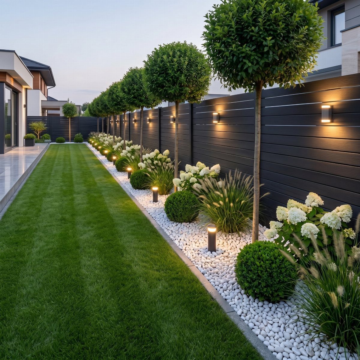 Modern dark grey fence with white pebble landscaping, spherical shrubs, and garden lighting.