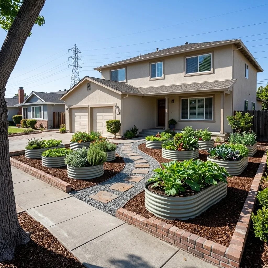 Corrugated metal raised garden beds with vegetables in a residential front yard landscape.