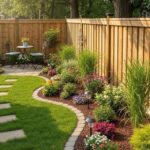 Small backyard featuring a curved flower bed, stepping stones, and a wooden fence.
