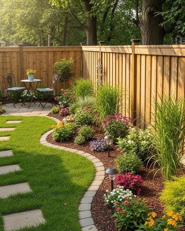 Small backyard featuring a curved flower bed, stepping stones, and a wooden fence.