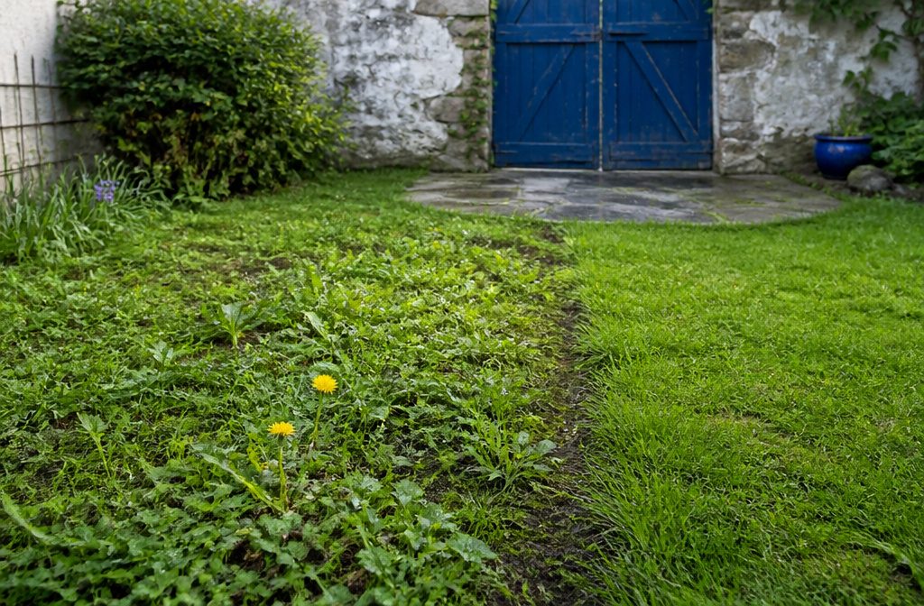 Green lawn bordered by a garden bed with weeds near the grass