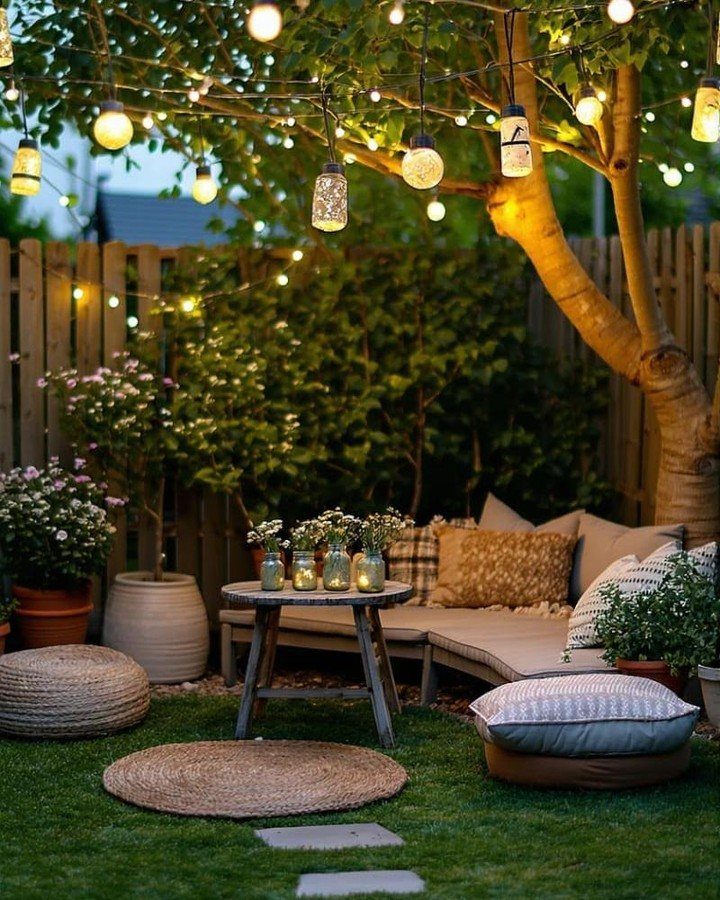Cozy backyard lounge with string lights, wooden furniture, and woven floor cushions on grass.
