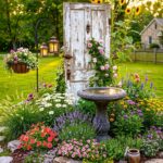 Weathered white garden door surrounded by colorful flowers and a stone bird bath.