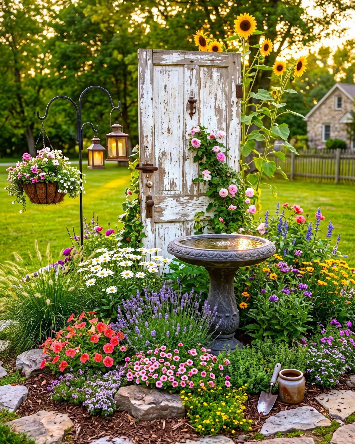 Weathered white garden door surrounded by colorful flowers and a stone bird bath.