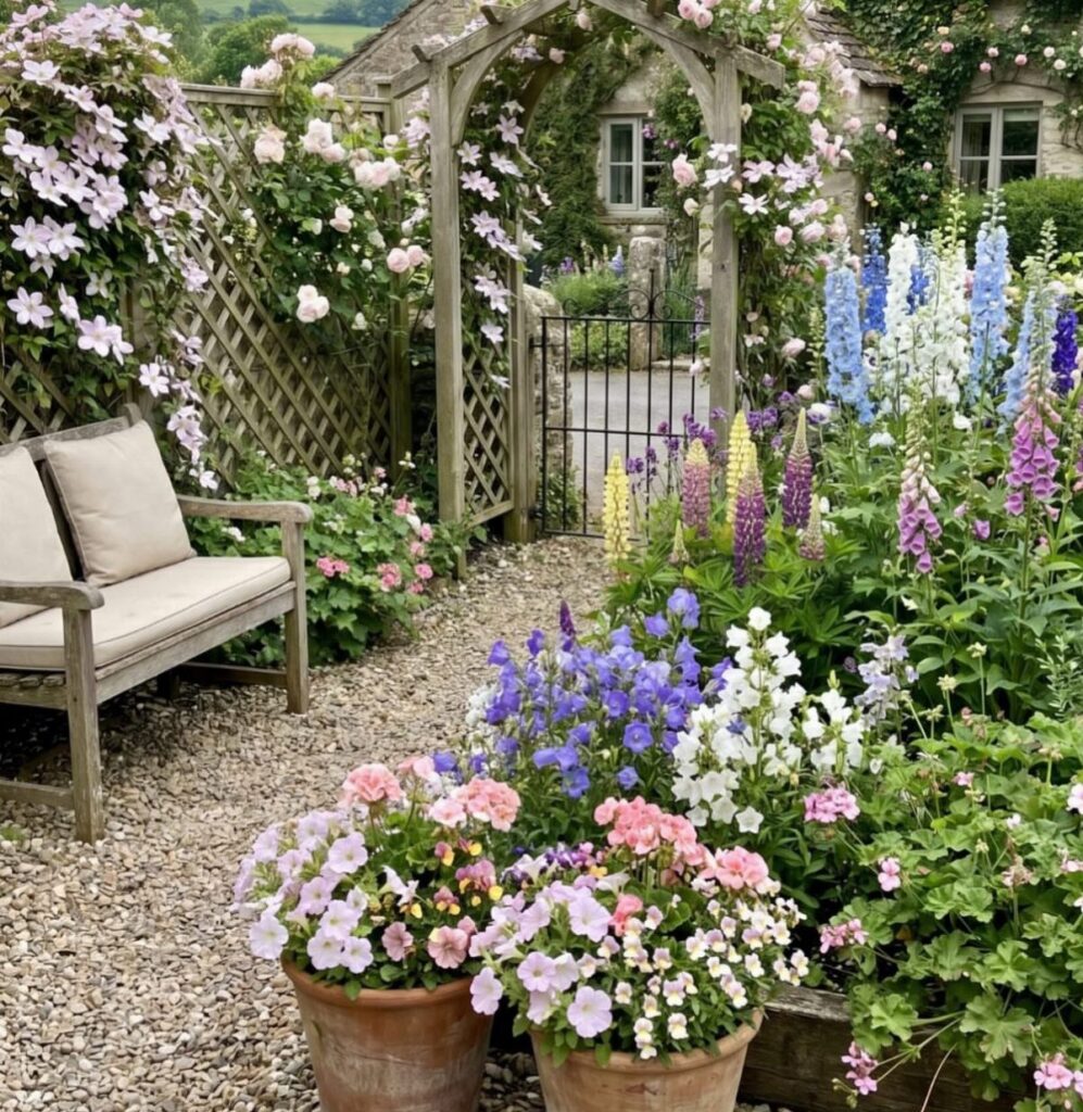 Lush English country garden with colorful flowers, a wooden bench, and a stone cottage.