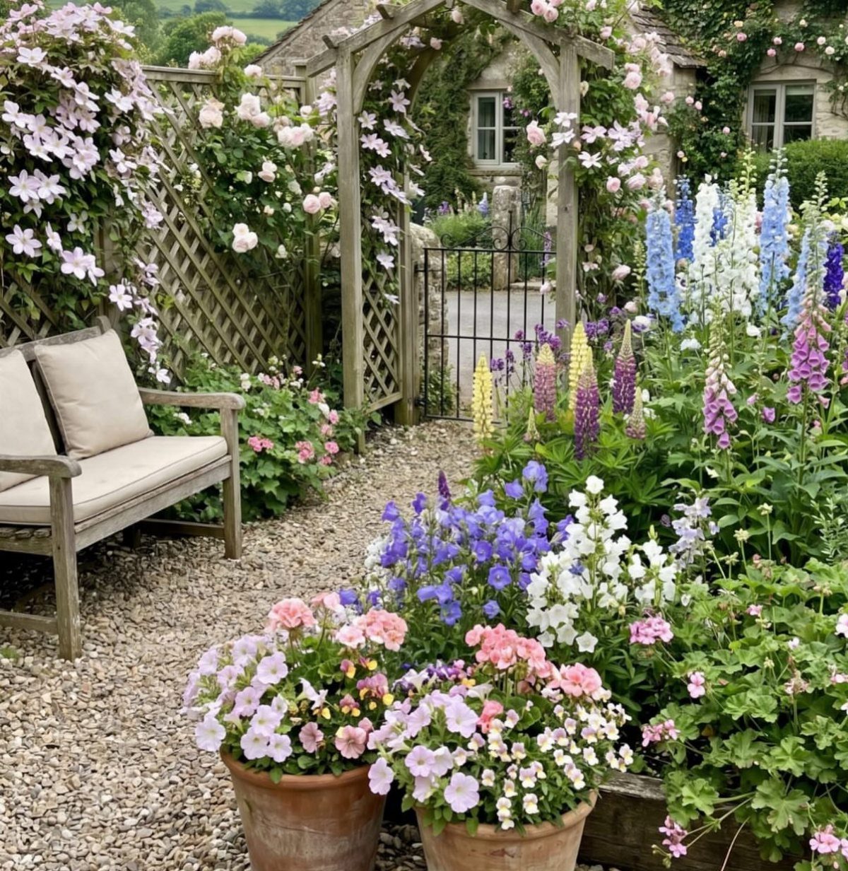 Lush English country garden with colorful flowers, a wooden bench, and a stone cottage.