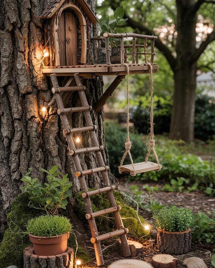 Miniature wooden fairy house with a ladder and swing attached to a tree trunk.