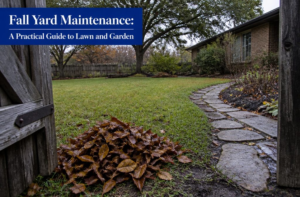 Residential lawn covered with scattered autumn leaves beside garden beds