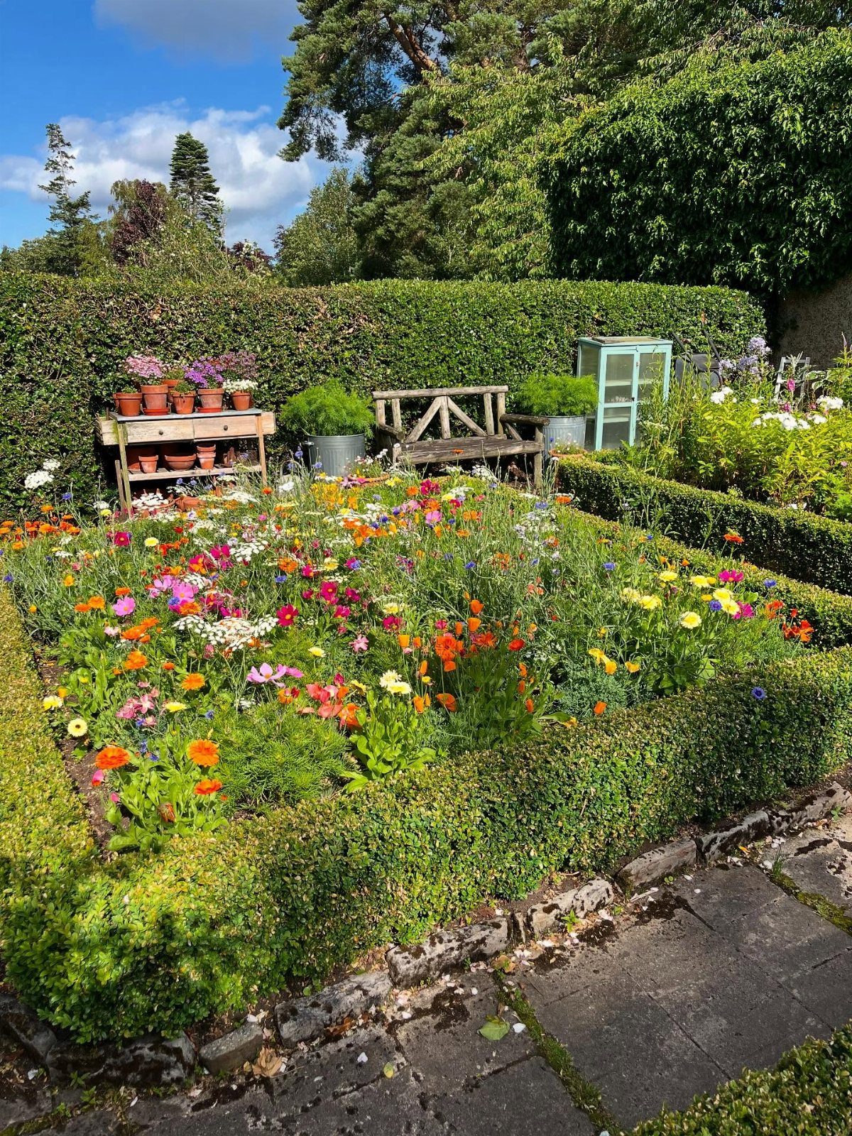 Colorful flower garden with low hedges, a potting bench, and a wooden seat.