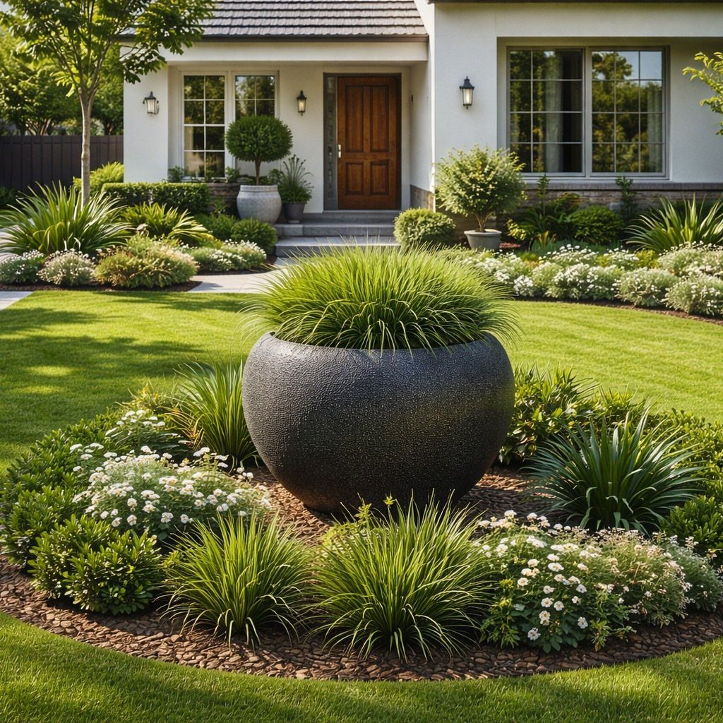 Large grey stone planter with tall grass surrounded by low white flowers and shrubs.