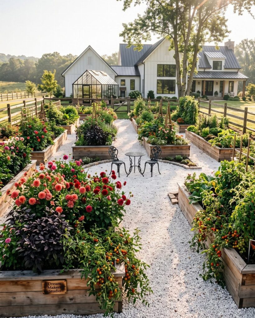 Raised garden beds with colorful flowers and a white farmhouse in the background.
