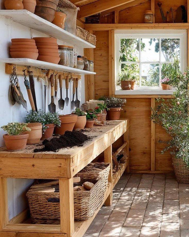 Wooden garden shed interior with a potting bench, terracotta pots, and gardening tools.