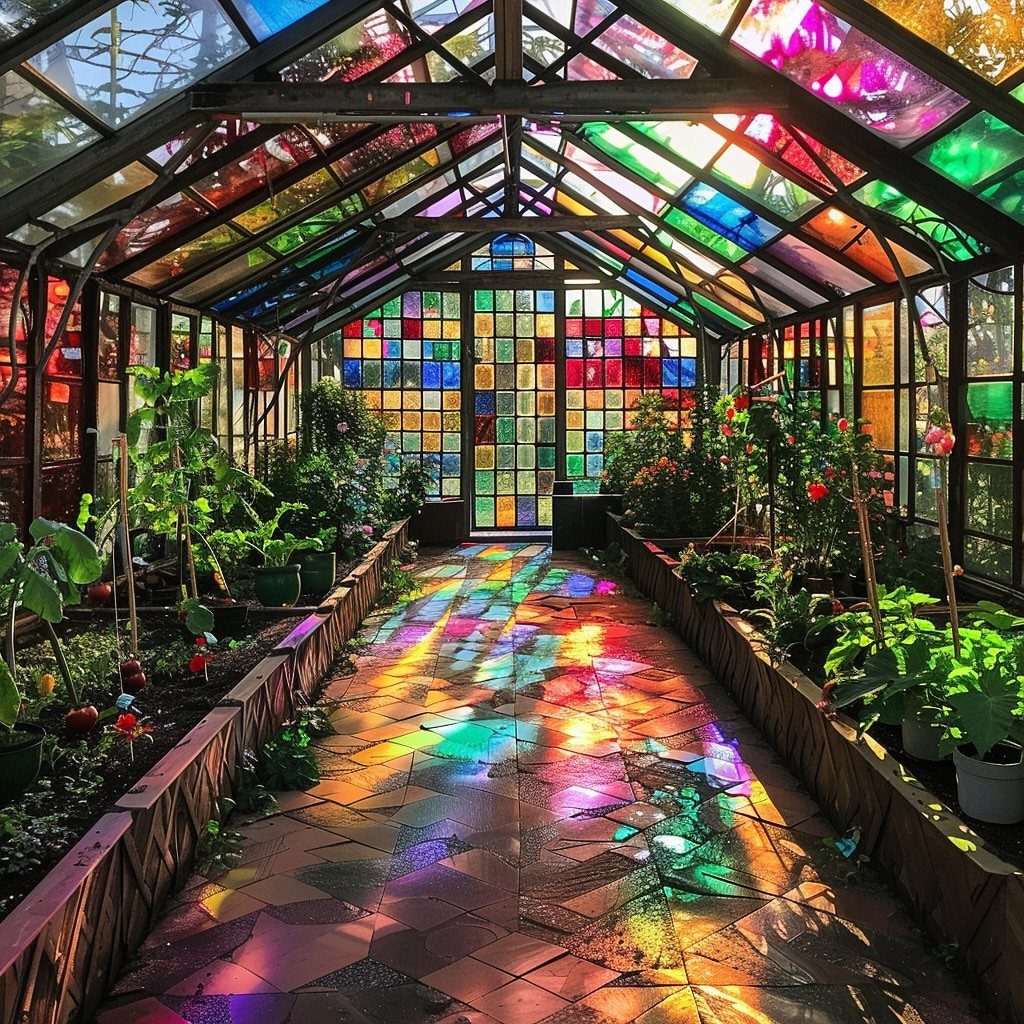 Stained glass greenhouse with colorful light patterns on a tiled path and plants.