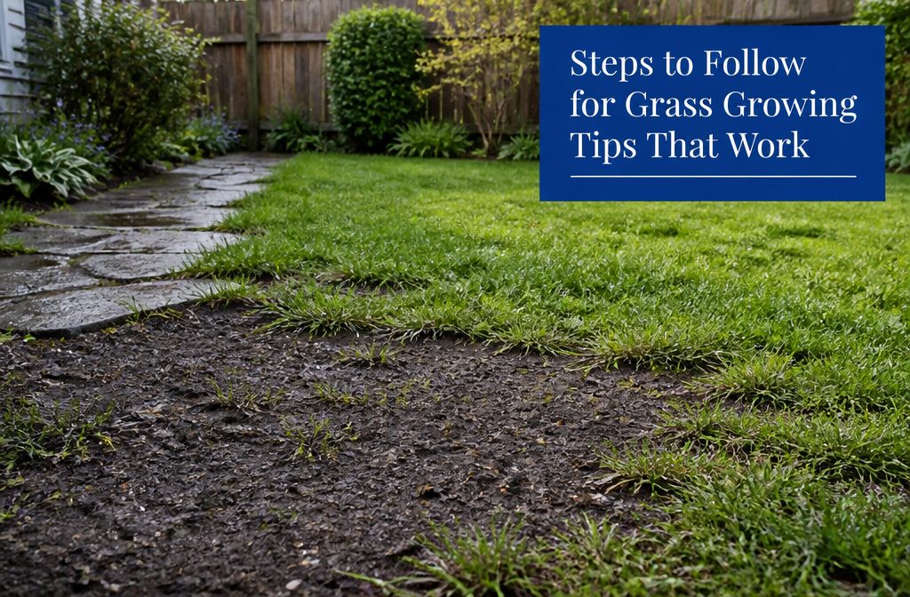Residential lawn with a narrow strip of dark prepared soil and scattered grass seed