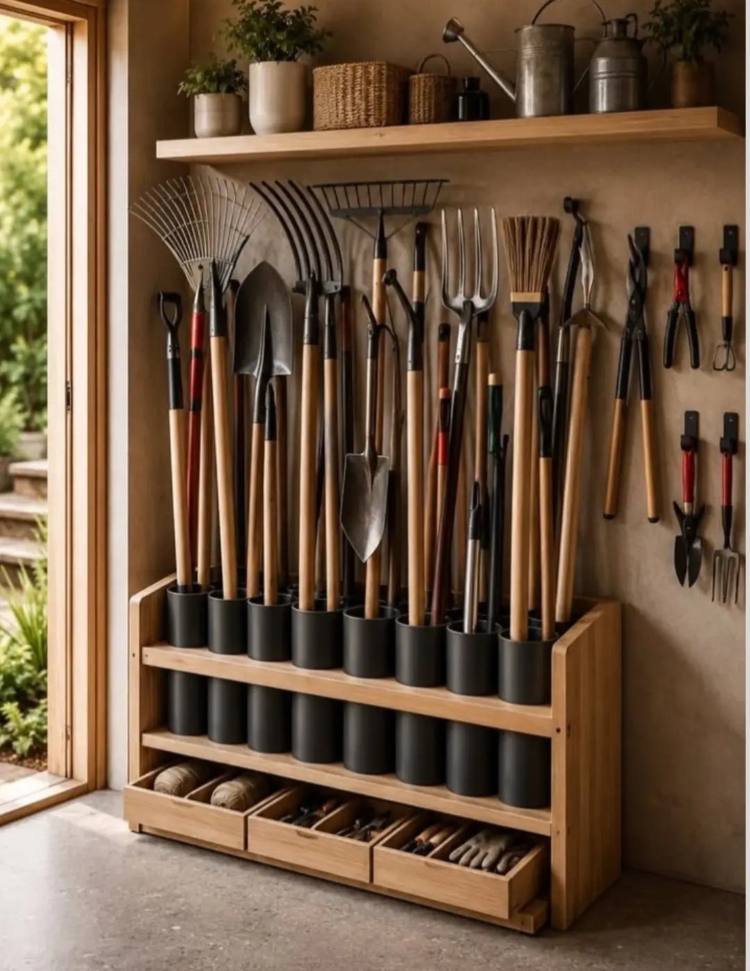 Wooden garden tool organizer with rakes and shovels in black holders and drawers.