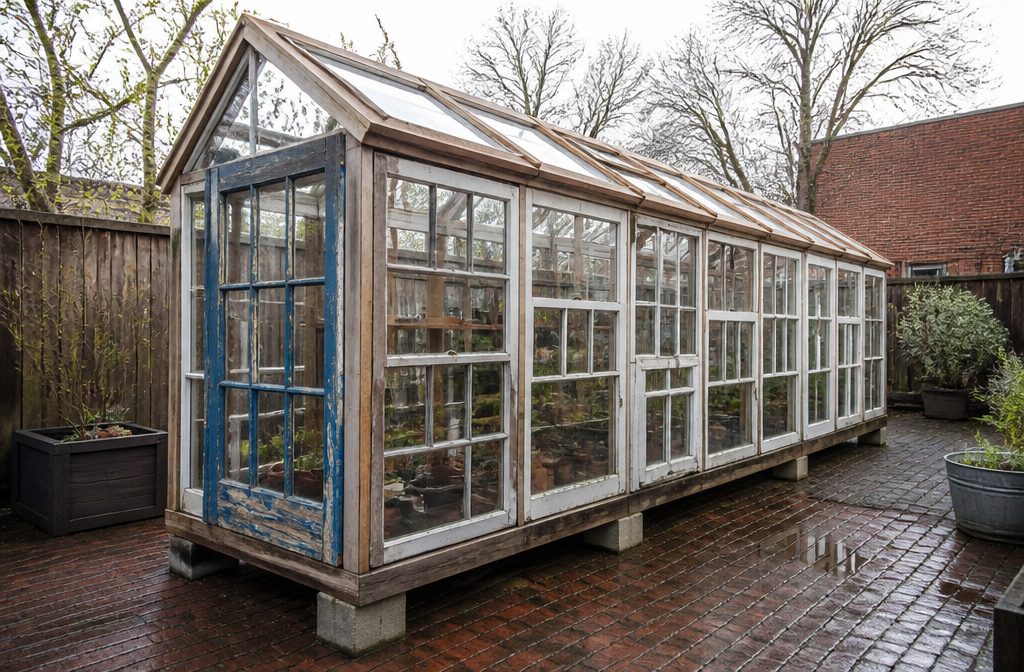Greenhouse built from old windows with salvaged glass set into its walls
