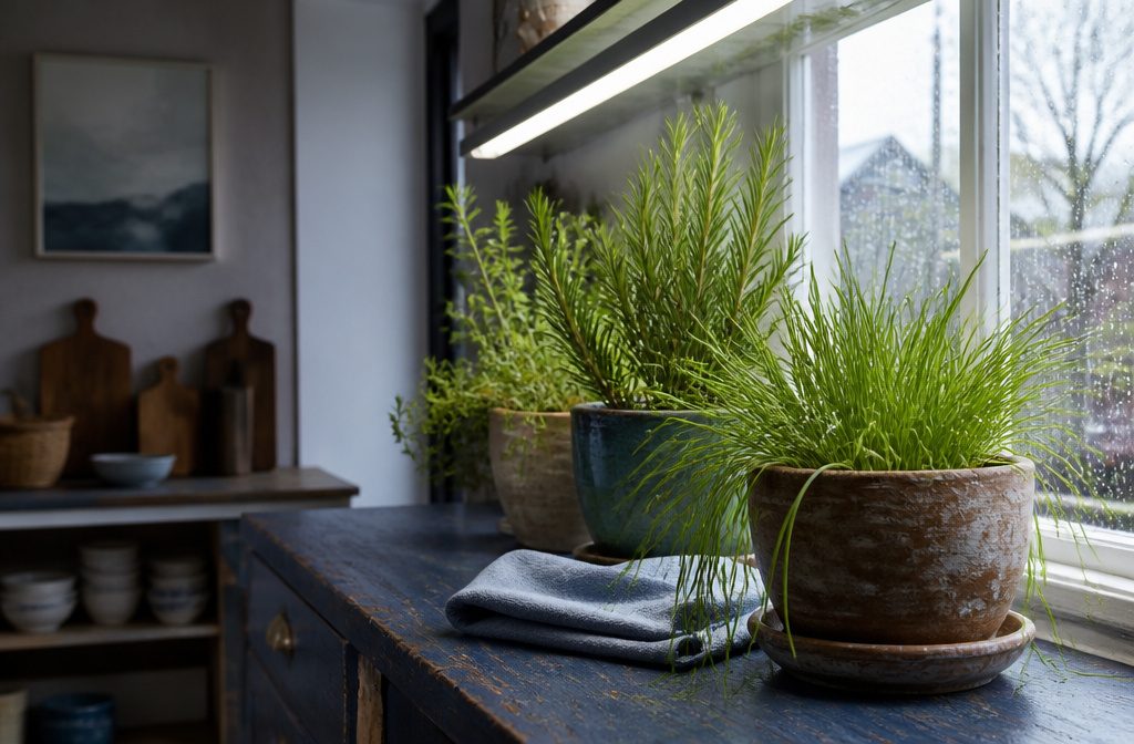 Potted kitchen herbs arranged on a sunny windowsill