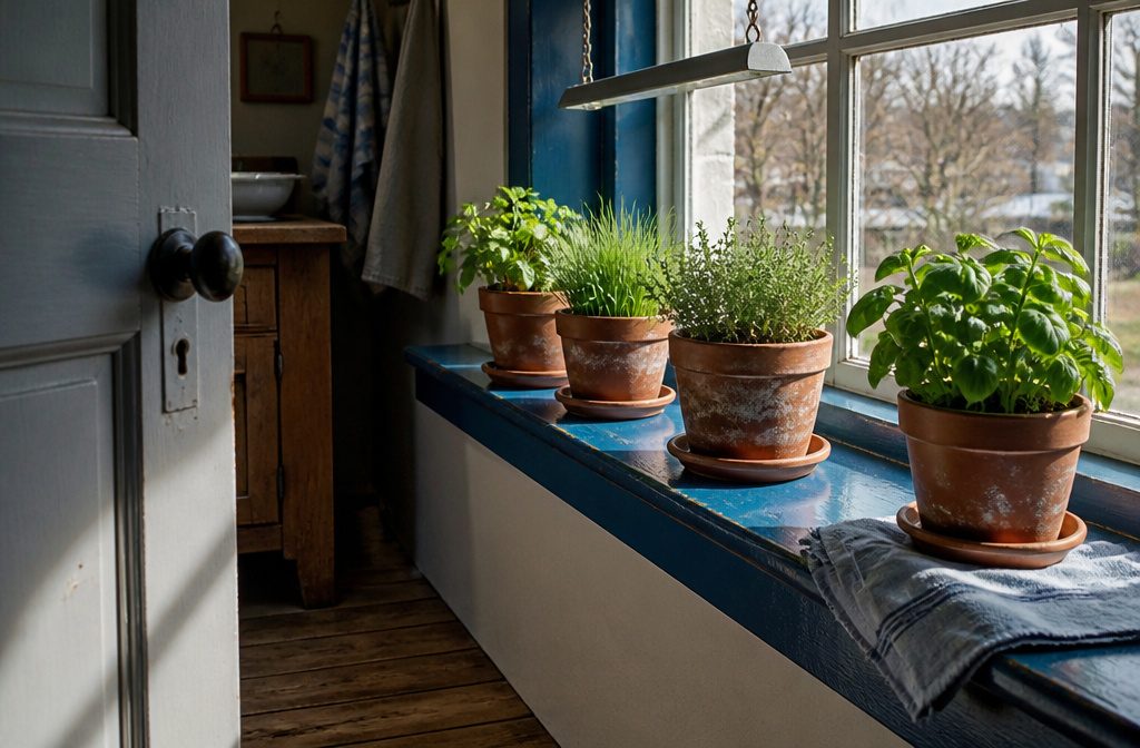 Potted herbs arranged on a sunny kitchen windowsill beside cooking tools