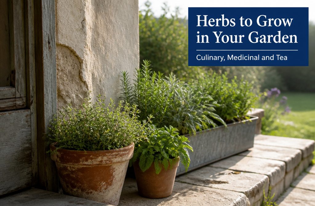Fresh herbs with leafy greens, small flowers, and cut sprigs arranged together