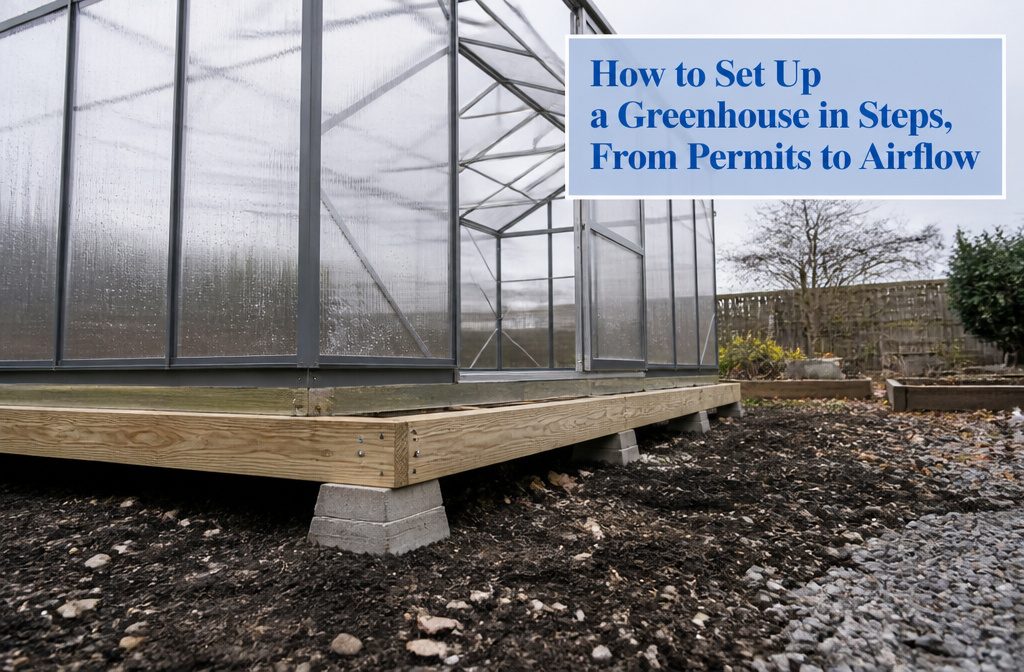 Greenhouse filled with leafy plants and rows of pots