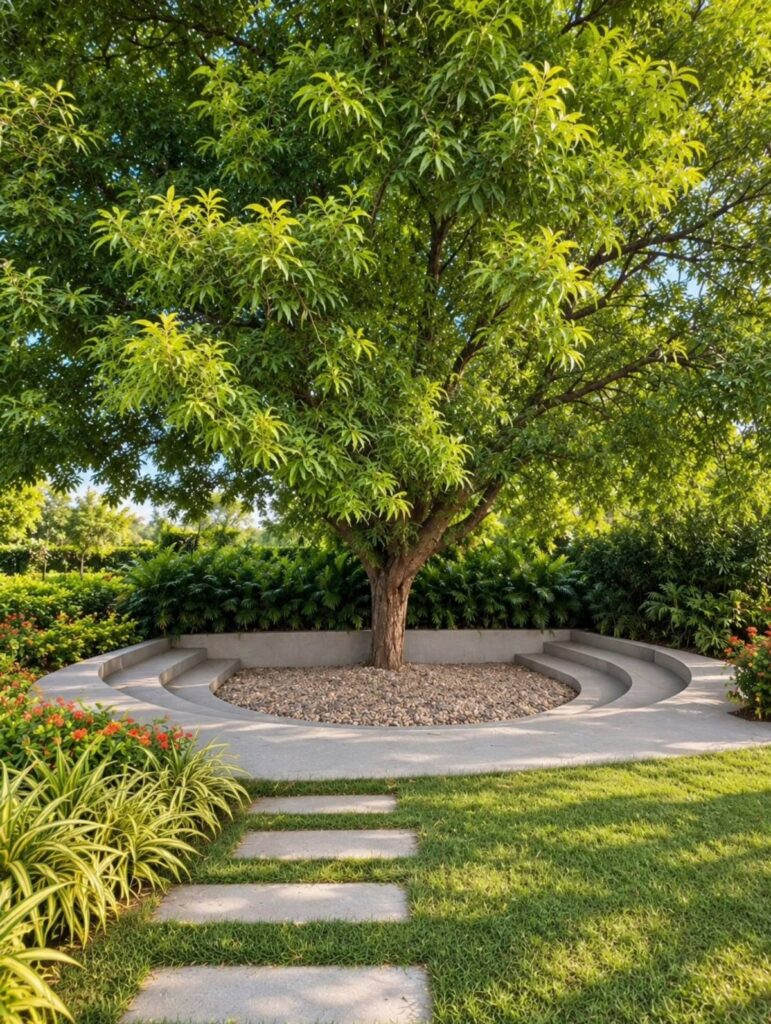 Large green tree with circular concrete bench and gravel base in a garden.