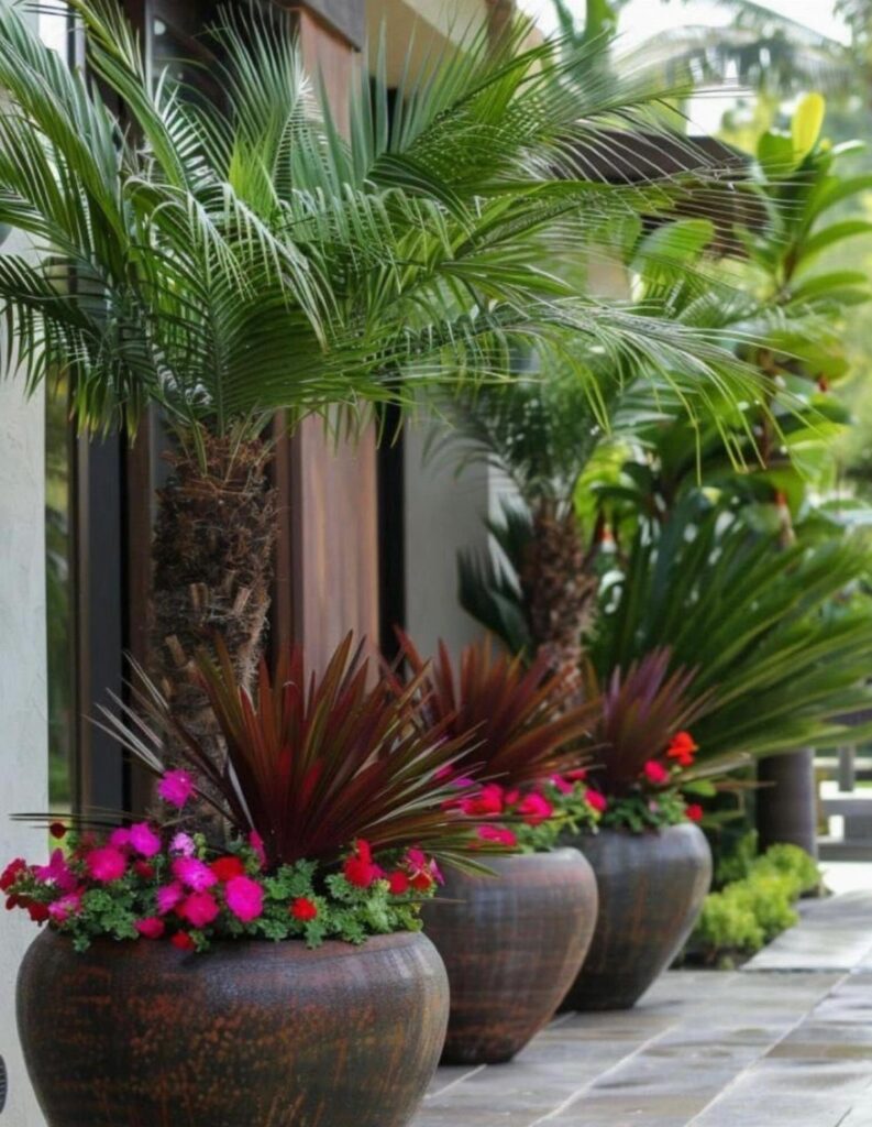 Large brown ceramic planters with palm trees and pink flowers on a patio.