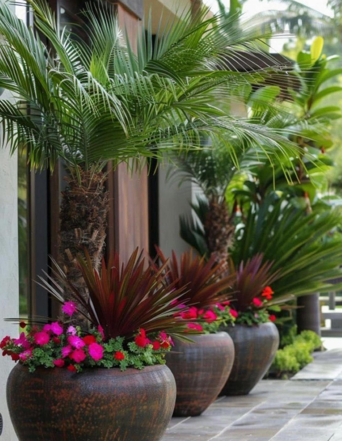 Large brown ceramic planters with palm trees and pink flowers on a patio.