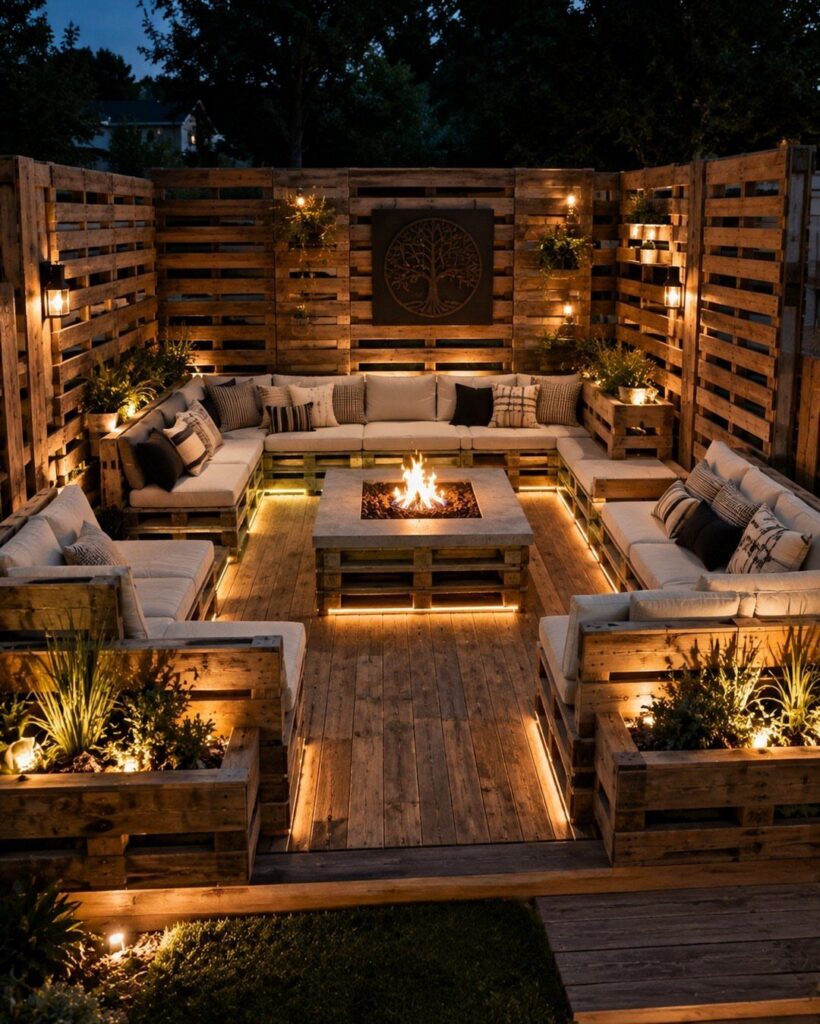 Large pallet furniture layout with sectional sofas and a central fire pit on a deck