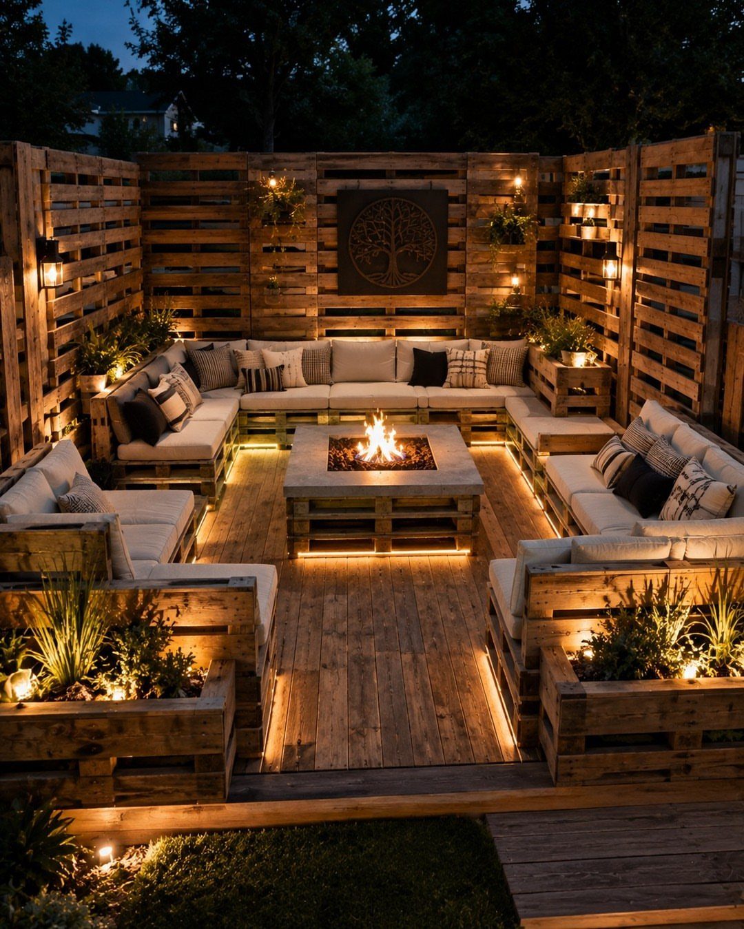 Large pallet furniture layout with sectional sofas and a central fire pit on a deck