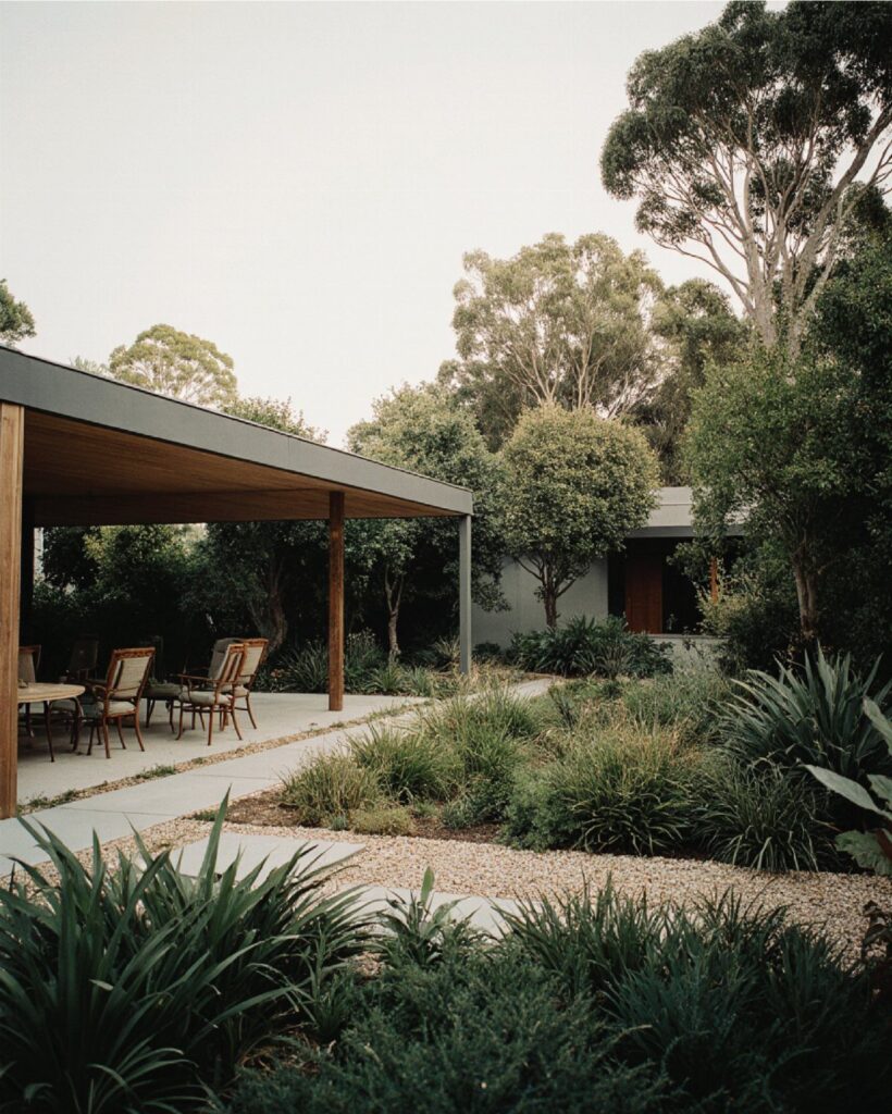 Modern patio with wooden ceiling overlooking a low maintenance garden with gravel and shrubs.