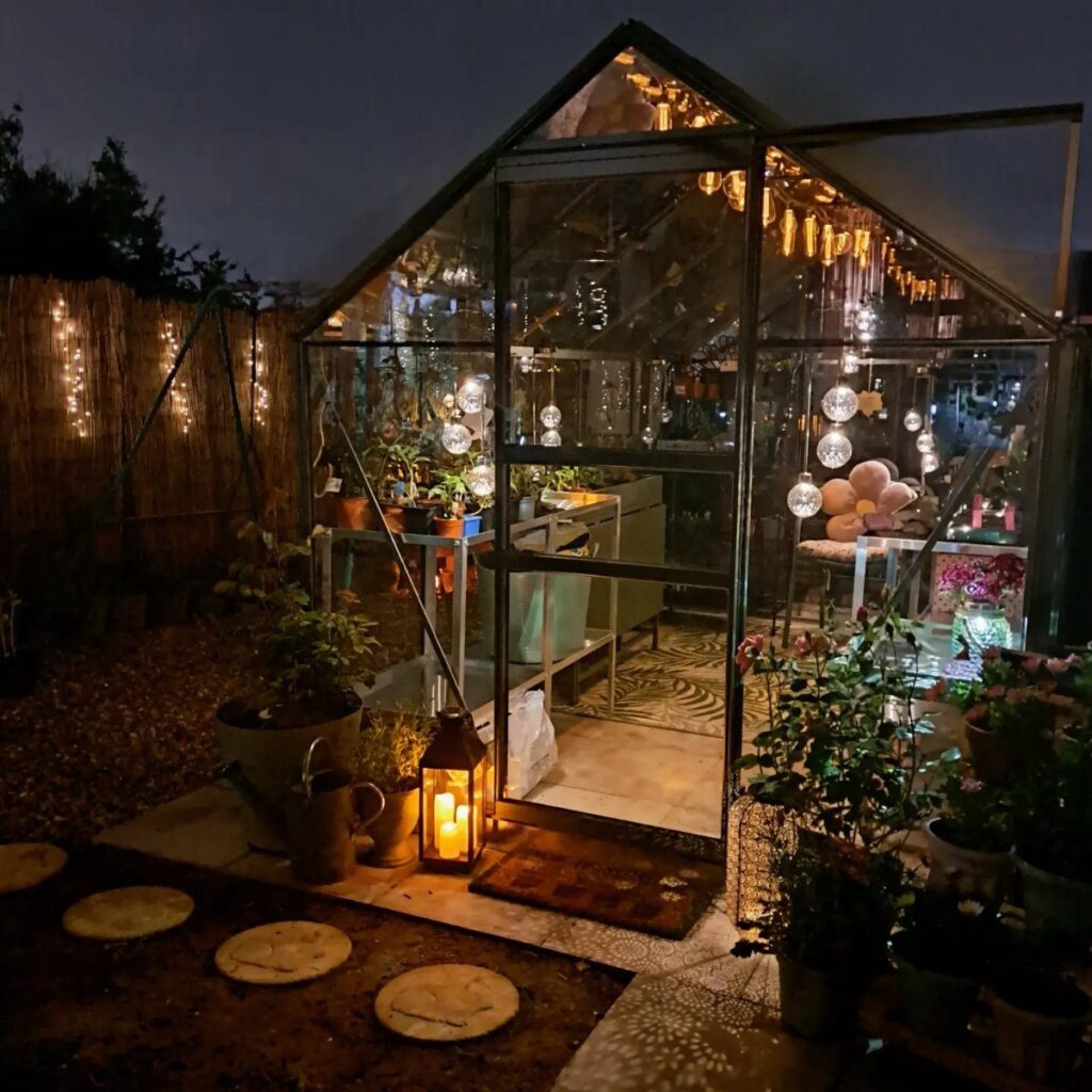 Illuminated glass greenhouse interior with potted plants and warm string lights at night.